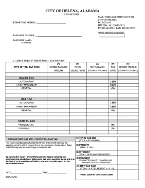 Sales, Use, Lease Tax Form City of Helena, Alabama