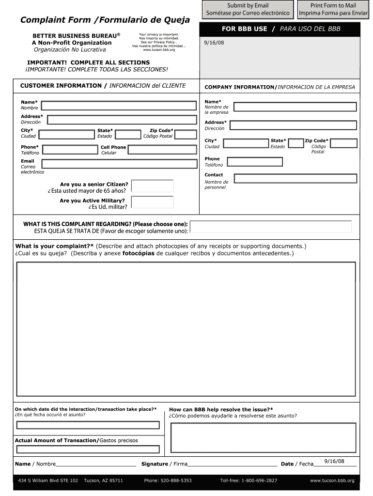 Better Business Bureau Arizona  Form