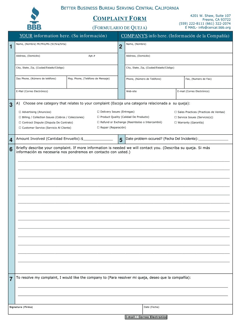 COMPLAINT FORM  Central California BBB  Better Business Bureau  Cencal Bbb