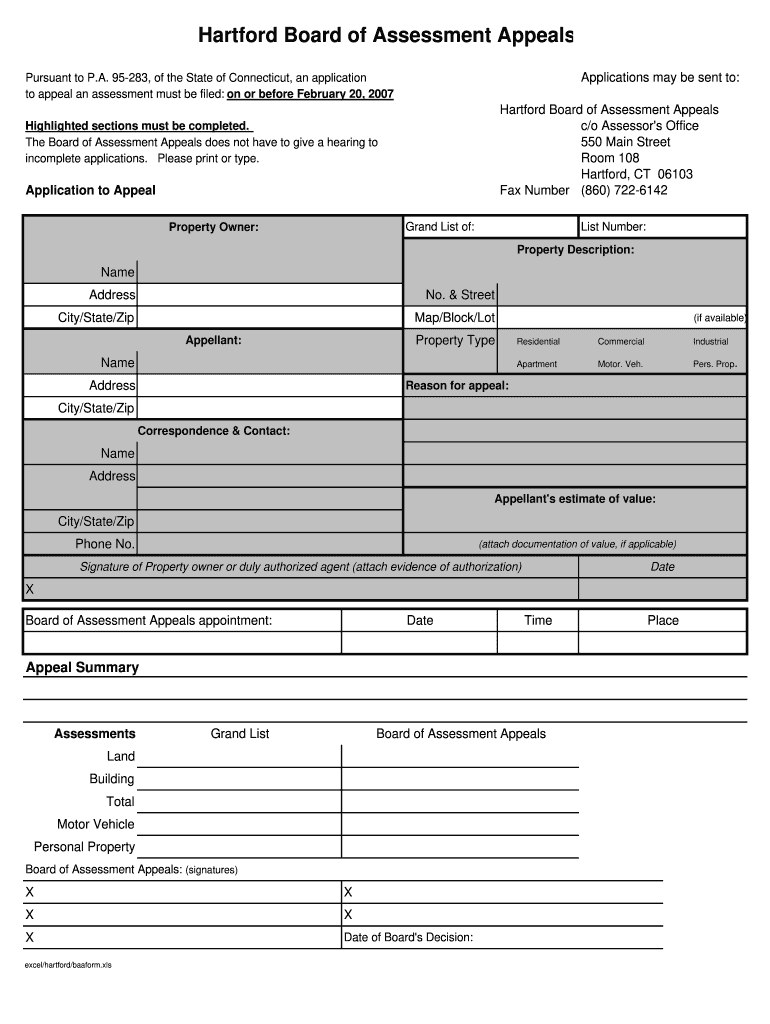 Hartford Board of Assessment Appeals Applications May Be Sent to Pursuant to P  Hartfordassessor Hartford  Form