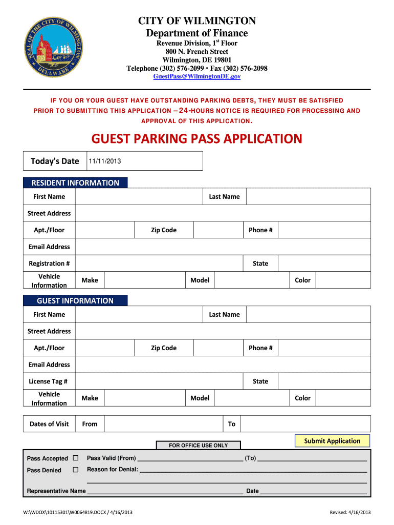 GUEST PARKING PASS APPLICATION City of Wilmington, Delaware  Form