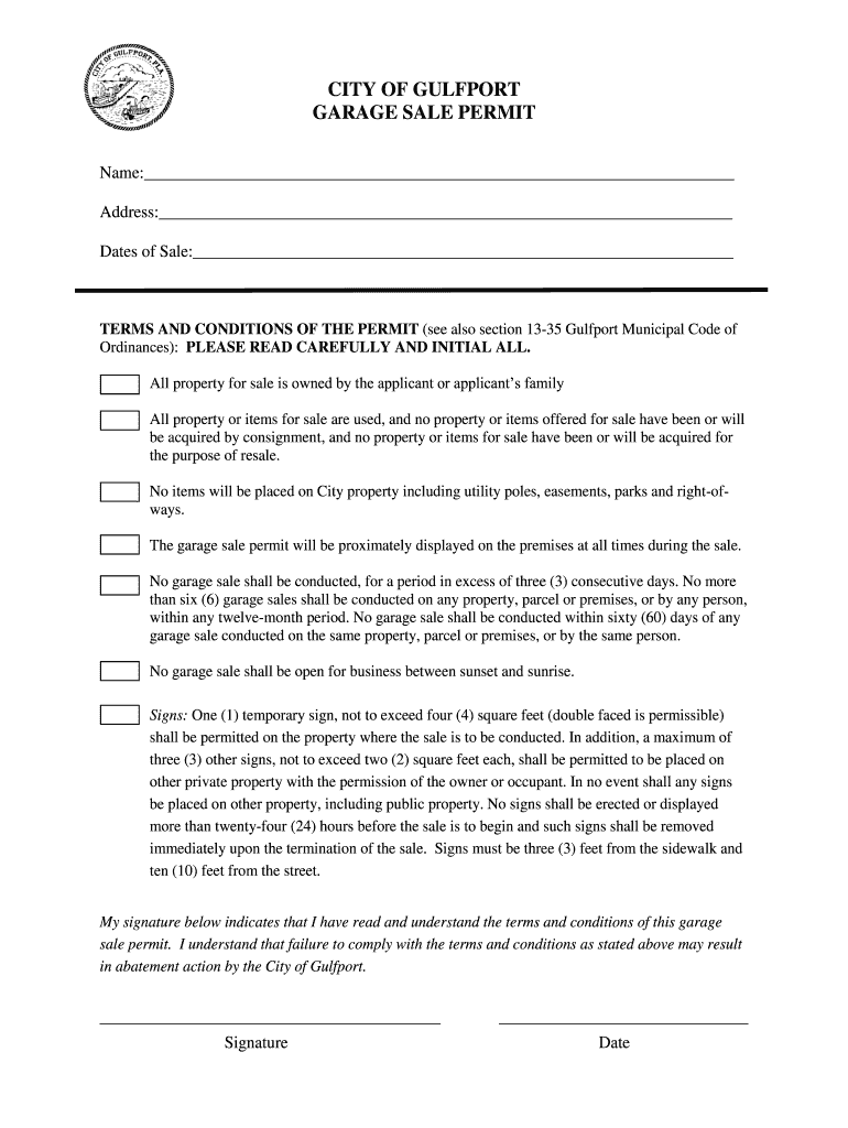 Garage Sale Permit Application City of Gulfport, Florida  Form