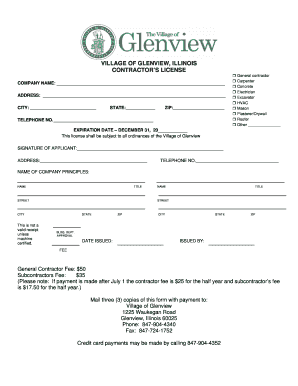 Village of Glenview Contractor Form