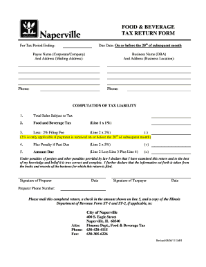 FOOD &amp; BEVERAGE TAX RETURN FORM City of Naperville