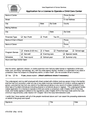 License to Operate a Child Care Center Form 470 0722