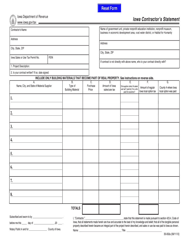  Iowa Contractors Statement  Form 2012