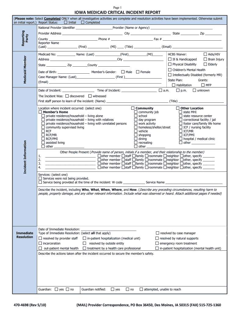  Iowa Medicaid Critical Incident Report, Form 470 4698  Dhs State Ia 2010