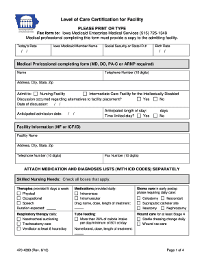 Level of Care Certification for Facility Iowa Department of Human Dhs State Ia  Form