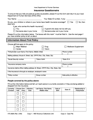  Insurance Questionnaire, Form 470 2826 Iowa Department of Dhs State Ia 2009-2024