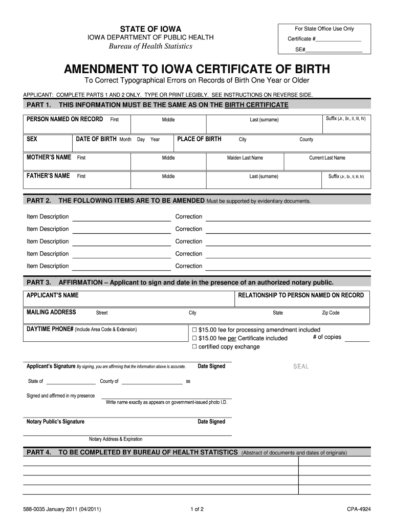  Amendment to Iowa Certificate of Birth 2011-2024