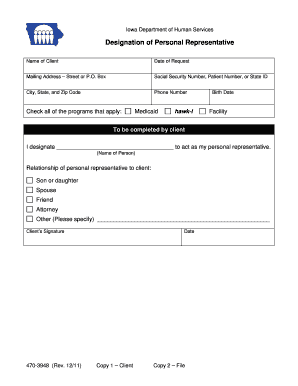  Designation of Personal Representative, Form 470 3948 Iowa Dhs State Ia 2011