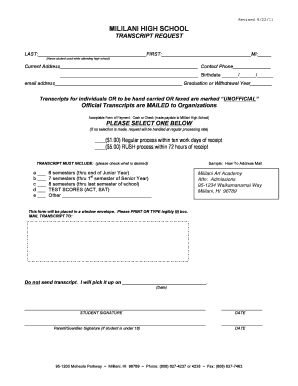 Mililani High School Transcript Request  Form