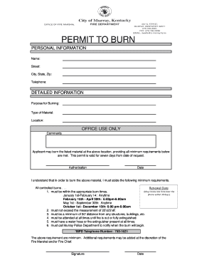 PERMIT to BURN City of Murray, Kentucky Murrayky  Form