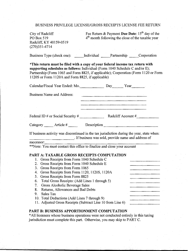 Radcliff Ky Business Privilege License Return  Form
