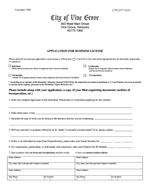 Application for Business License Vine Grove, Kentucky Vinegrove  Form