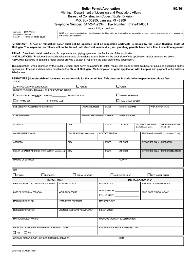Get and Sign Boiler Permit Application  State of Michigan 2011 Form