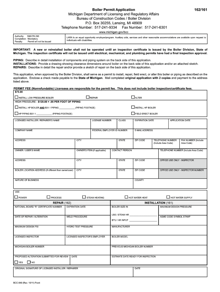  Boiler Permit Application  State of Michigan 2011