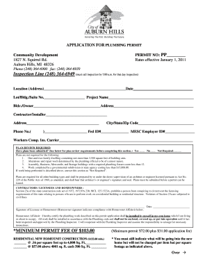 Plumbing Permit Application the City of Auburn Hills Auburnhills  Form
