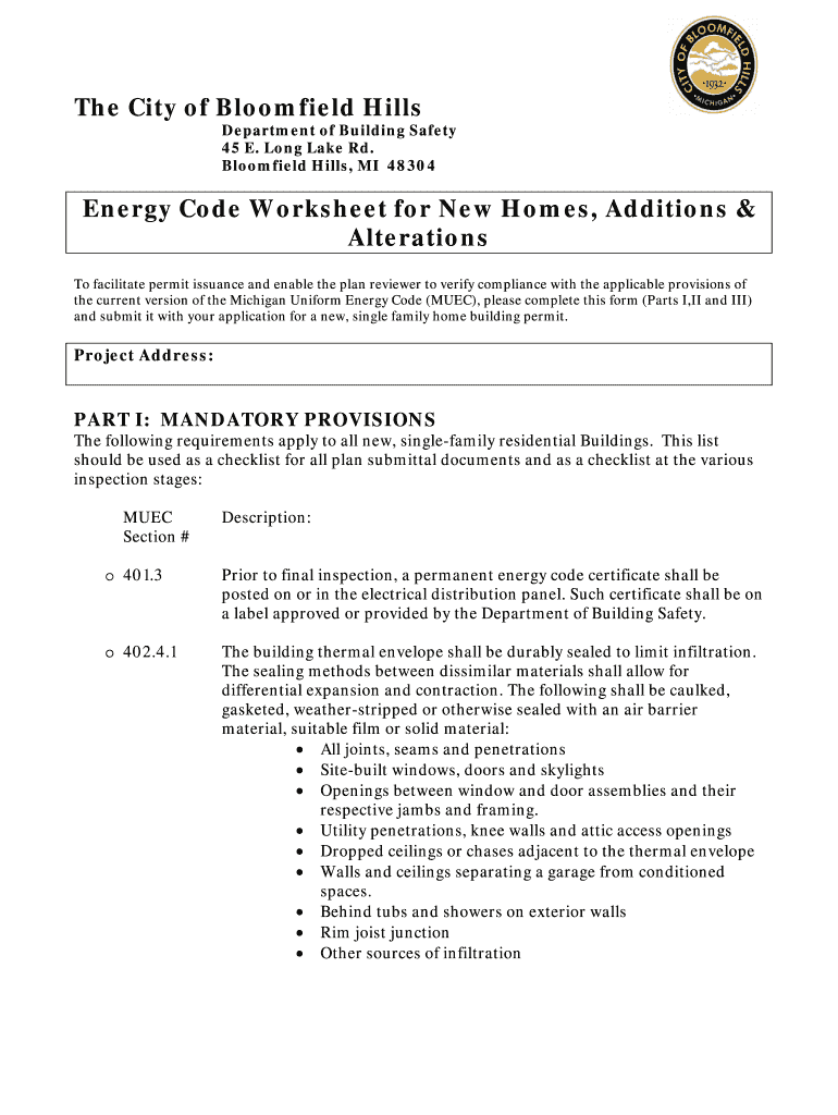 Energy Code Worksheet  Bloomfield Hills Michigan  Bloomfieldhillsmi  Form