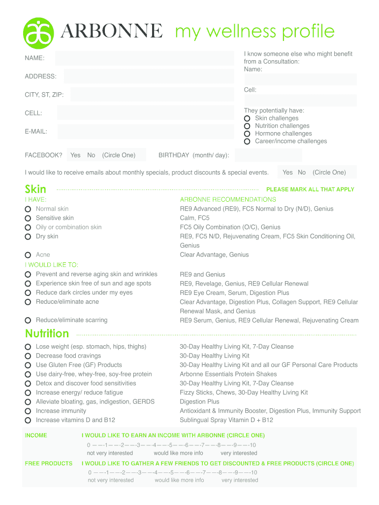 Arbonne Client Profile Sheet  Form