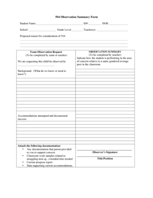 504 Sample Observation Form Pasco County Schools