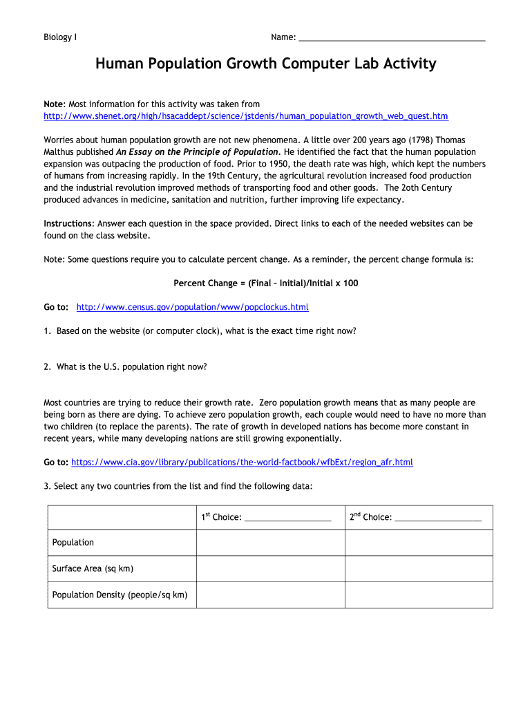 Human Population Growth Computer Lab Activity Answer Key  Form