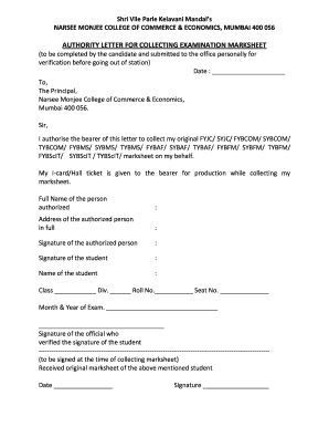 Authority Letter to Collect Marksheet  Form