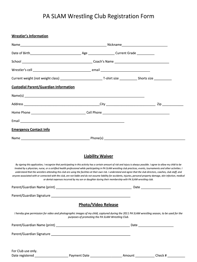 PA SLAM Wrestling Club Registration Form