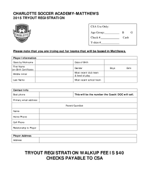 South Charlotte Soccer Association Tryout Registration Form