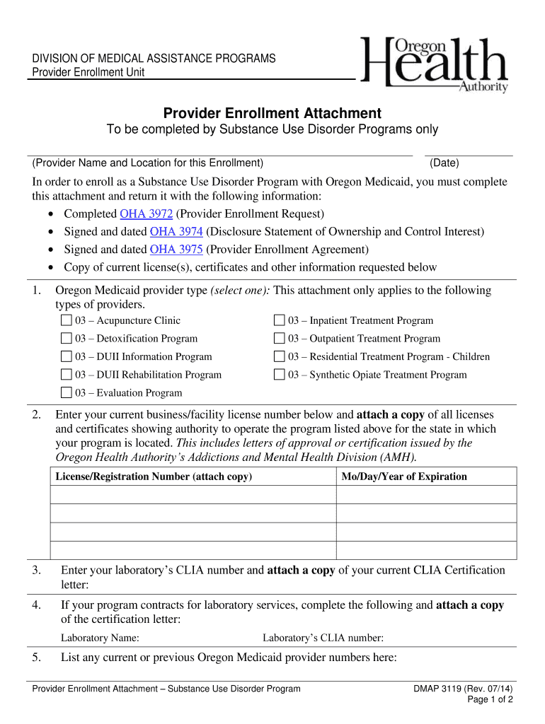  DMAP 3119 Enrollment Attachment for Chemical Dependency Providers Apps State or 2014-2024
