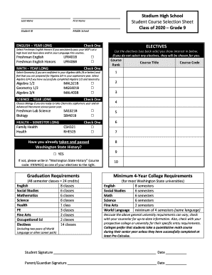 Stadium High School Student Course Selection Sheet Class  Form