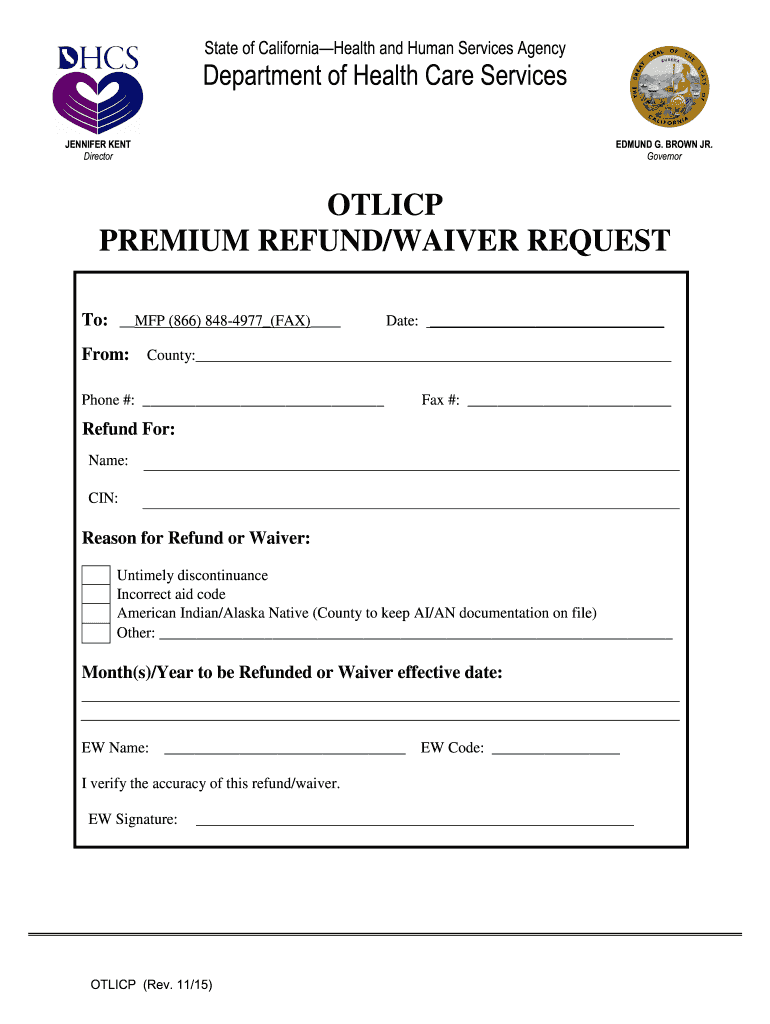  Otlicp Premium Waiver Form 2015-2024