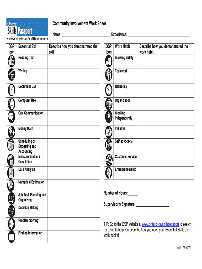 Community Involvement Work Sheet Ontario Skills Passport Skills Edu Gov on  Form