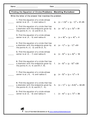 Finding the Equation of Circles Problems Matching Worksheet Answers  Form