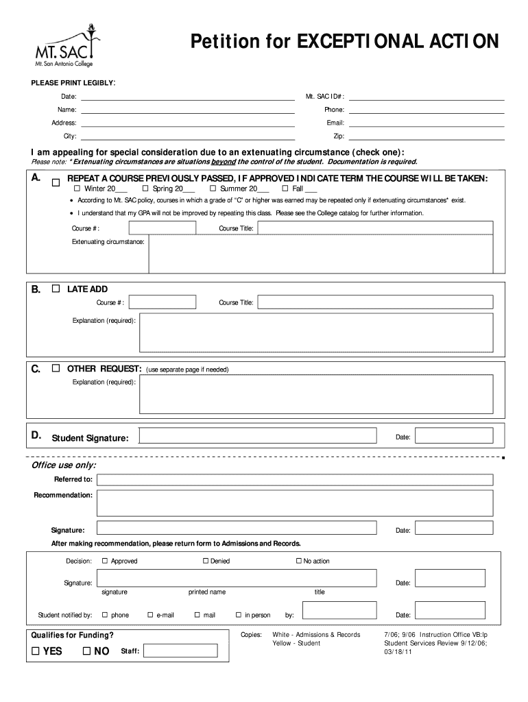 Mt Sac Petition for Exceptional Action  Form