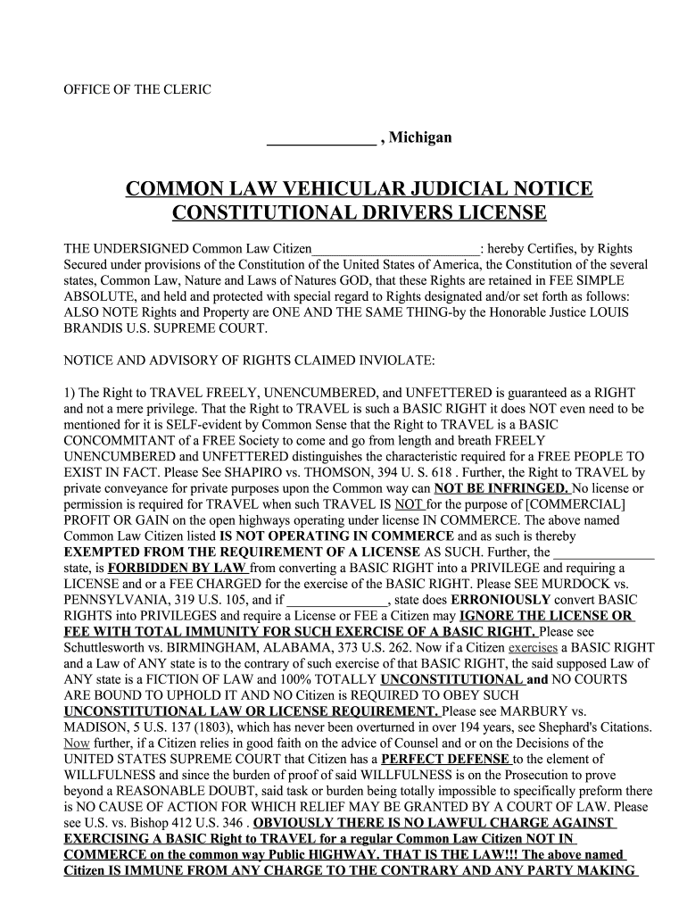 Common Law Vehicular Judicial Notice  Form