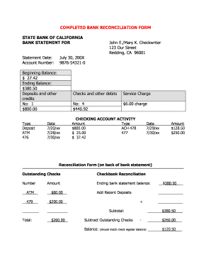 COMPLETED BANK RECONCILIATION FORM STATE BANK of Da Co Shasta Ca