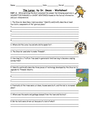 the Lorax Worksheet Answers  Form