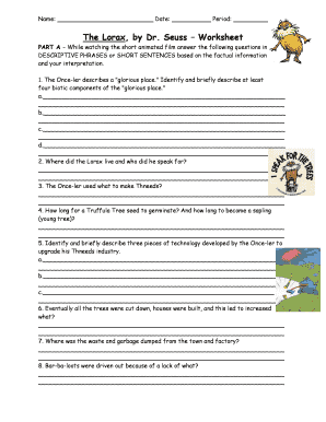 The Lorax Worksheet Answers  Form