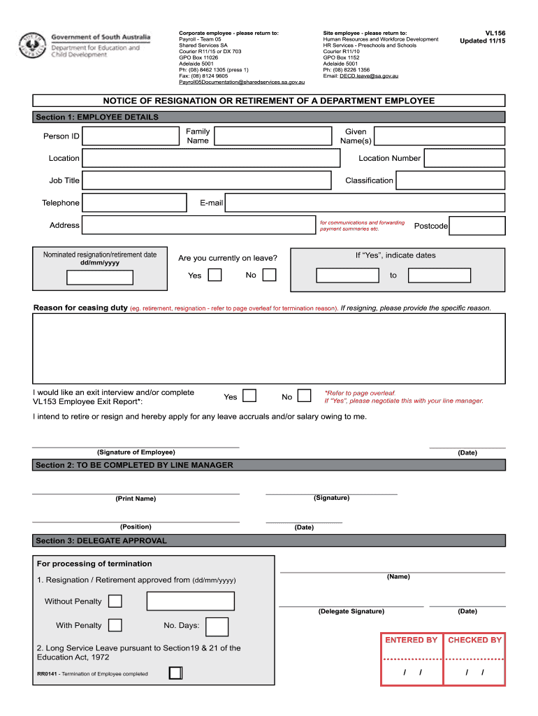  VL156 Notice of Resignation or Retirement VL156 Notice of Resignation or Retirement 2015