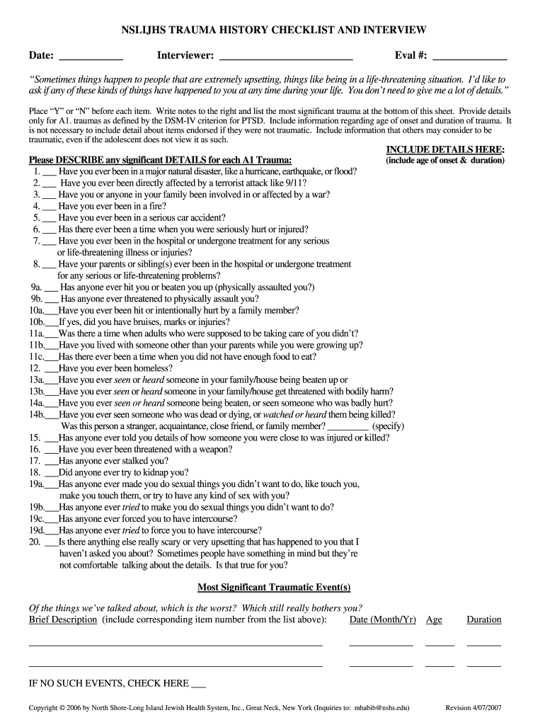 Trauma History Checklist  Form