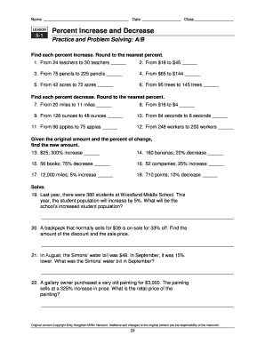Lesson 5 1 Percent Increase and Decrease Answer Key  Form