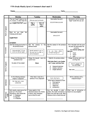 Weekly Homework for Fifth Grade  Form