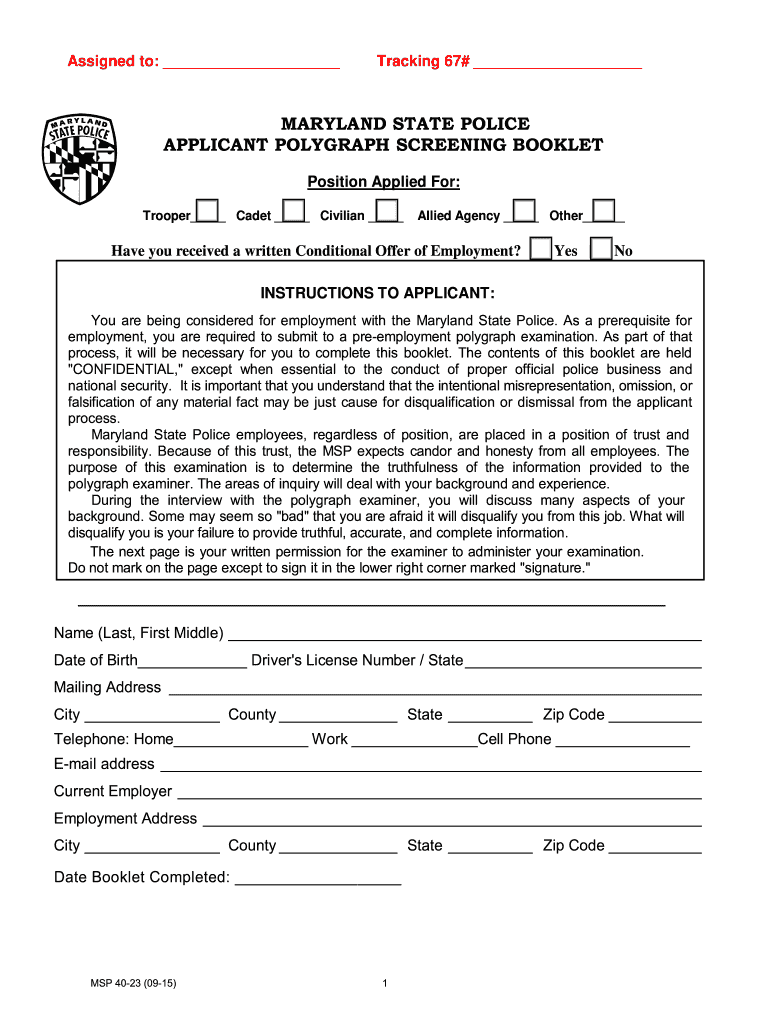 Get and Sign MARYLAND STATE POLICE APPLICANT POLYGRAPH SCREENING BOOKLET 2015-2022 Form