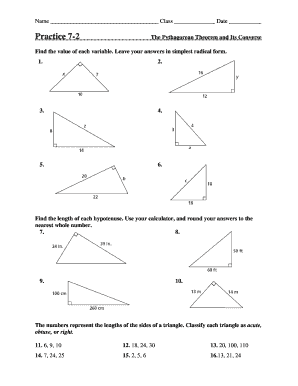 Practice 7 2 Pythagorean Theorem and Its Converse  Form