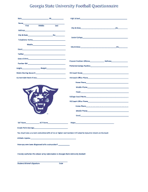 Georgia State University Football Questionnaire  Form