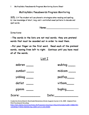 Multisyllabic Pseudowords Progress Monitoring SOL  Form