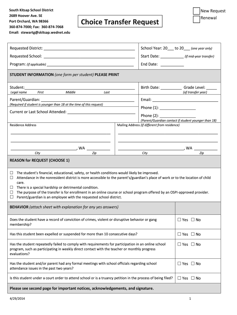 Get and Sign Choice Transfer Request  Skitsapwednetedu  Skitsap Wednet 2014-2022 Form