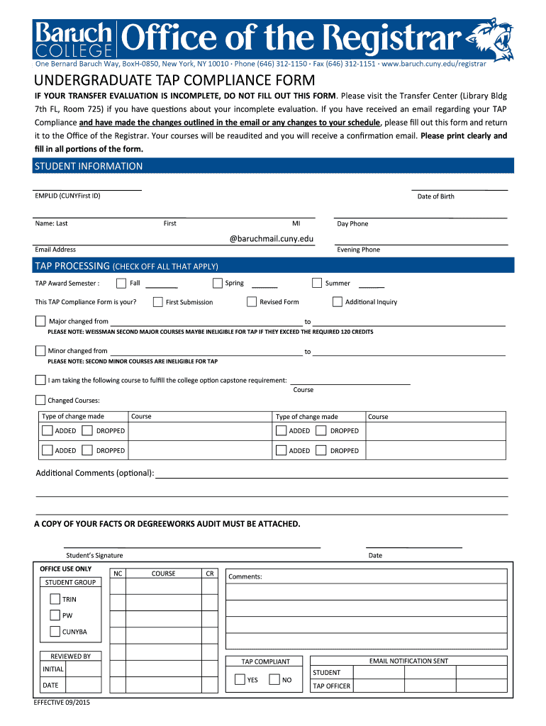  Baruch Tap Compliance Form 2015-2024