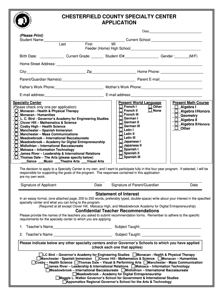 Get and Sign CHESTERFIELD COUNTY SPECIALTY CENTER 2015-2022 Form